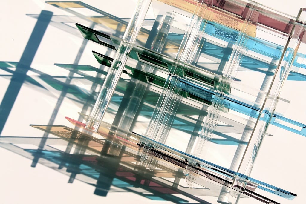 An artwork made of colored Acrylic connected by clear acrylic rods by Julian Phillips.