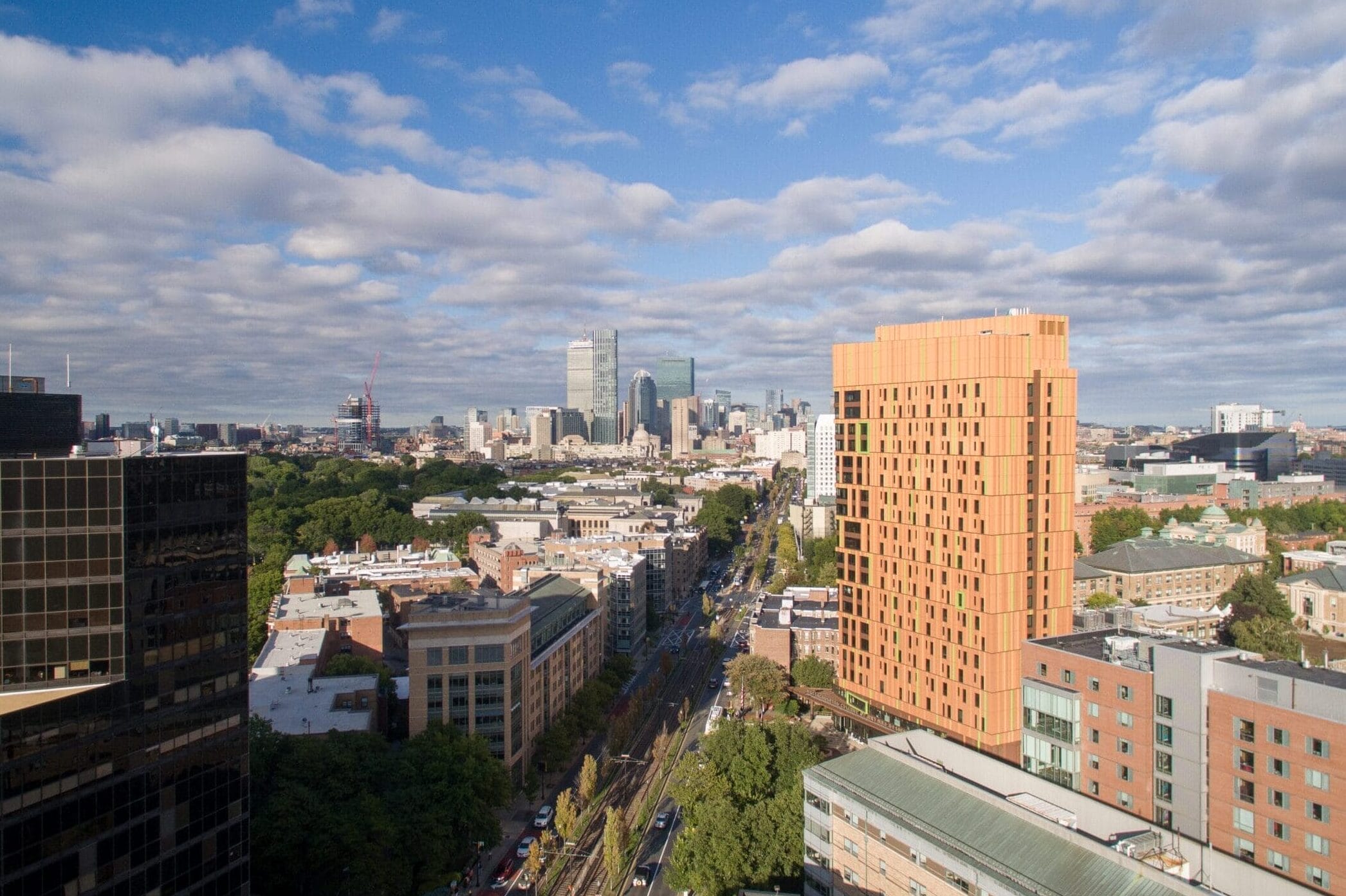 View of Huntington avenue in Boston, looking downtown towards the city.