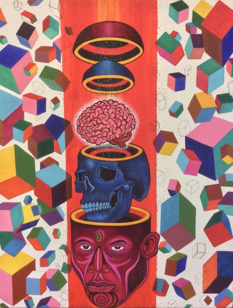 Colorful painting with a brain and geometric shapes