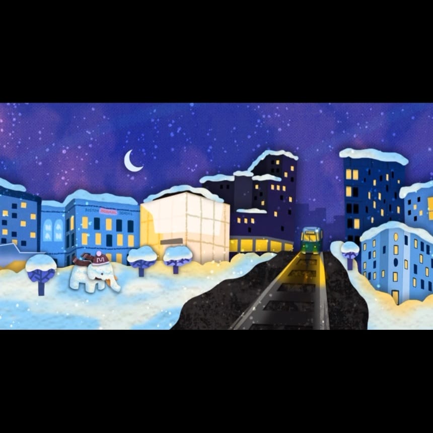 A still of an animation scene of MassArt buildings lit up at night with a green line train coming down the street.