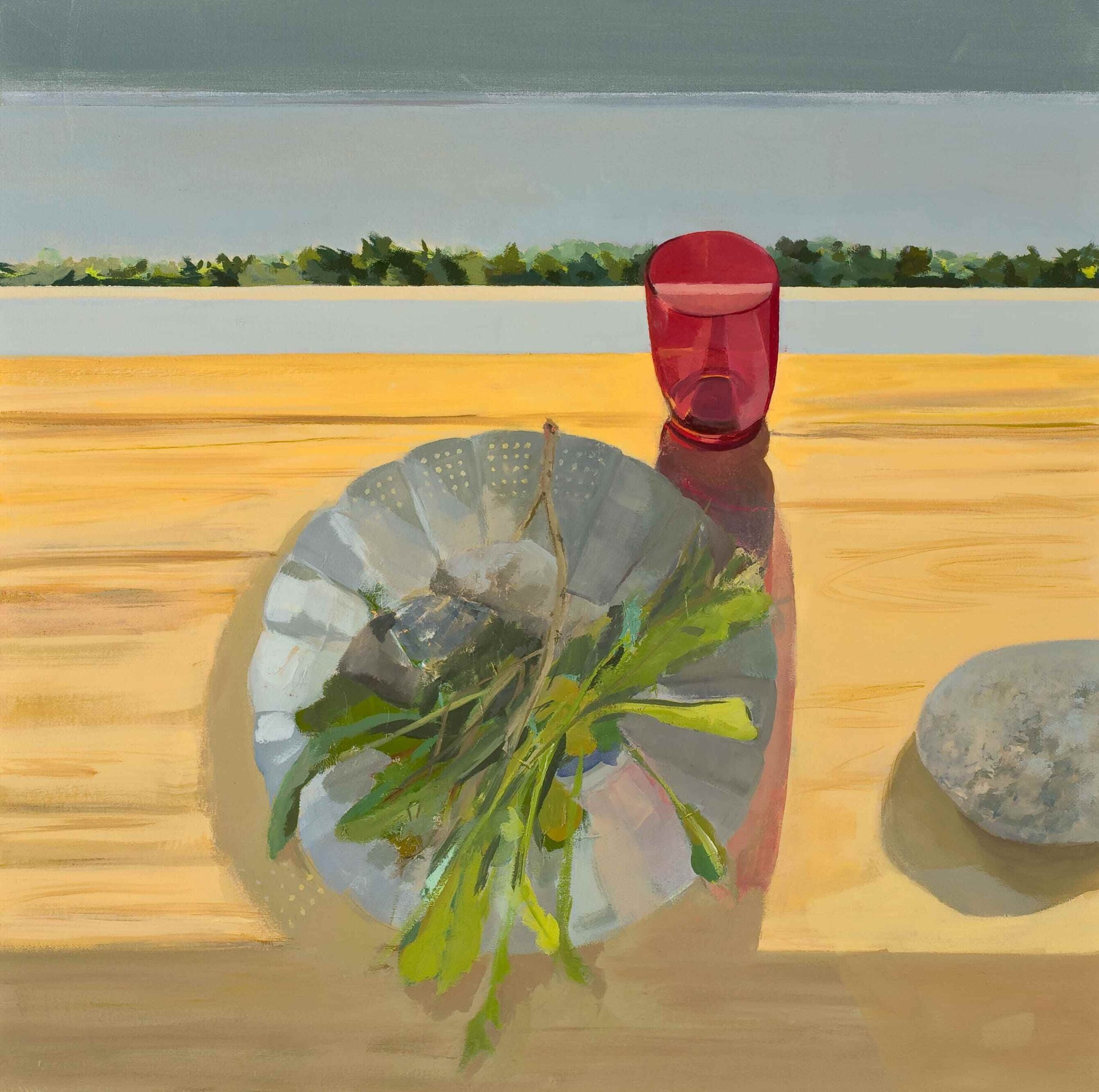 Painting featuring a plate of salad and a glass Nancy McCarthy, Greens