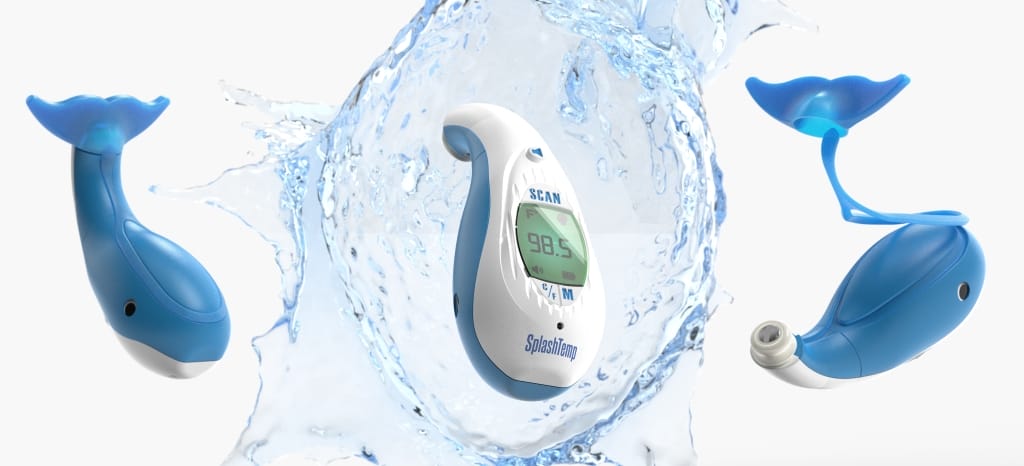 Three blue and white whale-shaped thermometers, designed for children, are playfully positioned around a splash of water. The central thermometer displays a temperature reading. The design includes a curved tail fin that opens, revealing the sensor.