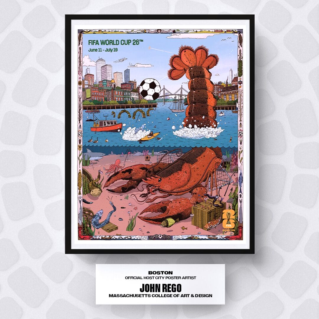 Official Boston Poster: A vibrant cartoon showcasing a giant lobster clutching a soccer ball, symbolizing Boston as a lively host city for the FIFA World Cup 26. The iconic skyline, bustling boats, and a bridge set the scene. A nod to John Rego from Massachusetts College of Art & Design adds local flair.