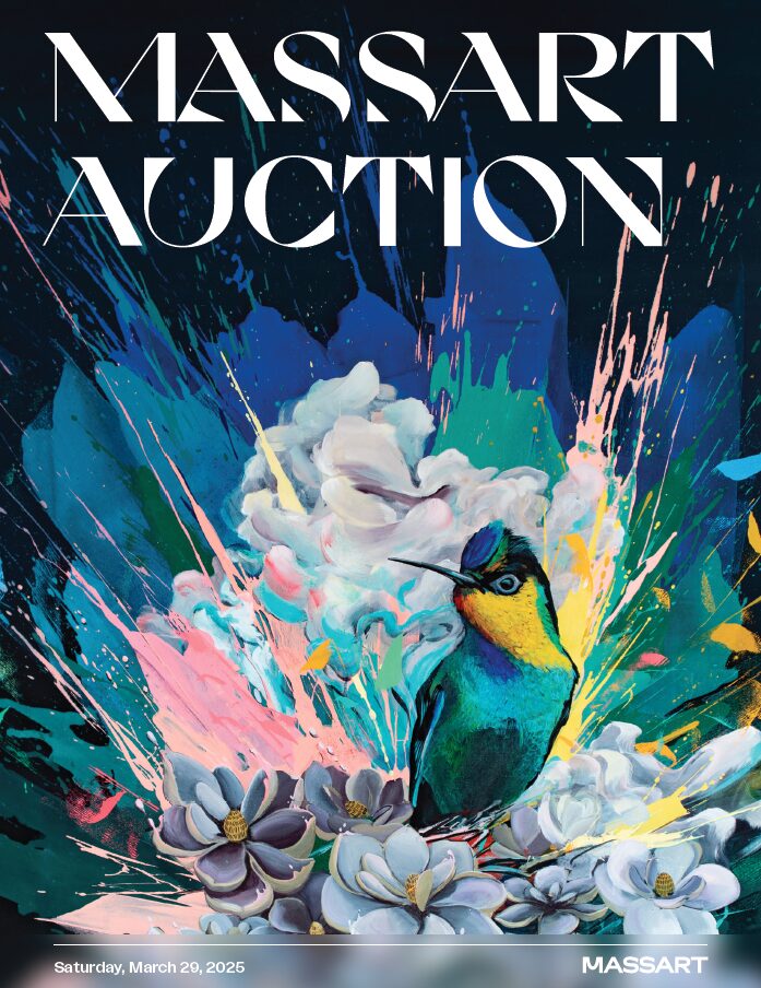 Colorful art poster for the MassArt Auction, showcasing a vibrant painting by talented artists of a bird perched on white flowers against an abstract background with splashes of blue, pink, and yellow. Text includes the date: Saturday, March 29, 2025.