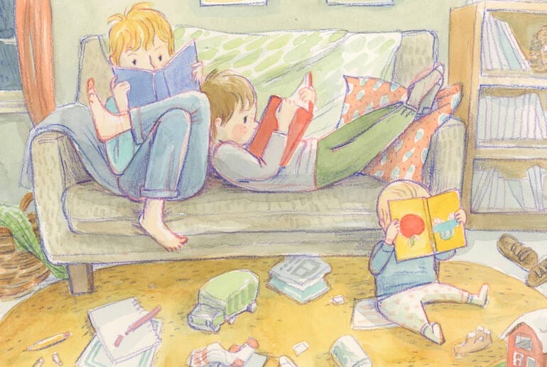 Illustration by Mary Lundquist: three children immersed in stories. One child sits on a couch with a book, another lies with feet up reading, while a toddler flips through a picture book. The cozy room is typical of her style as a renowned childrens book illustrator at Princeton Makes.