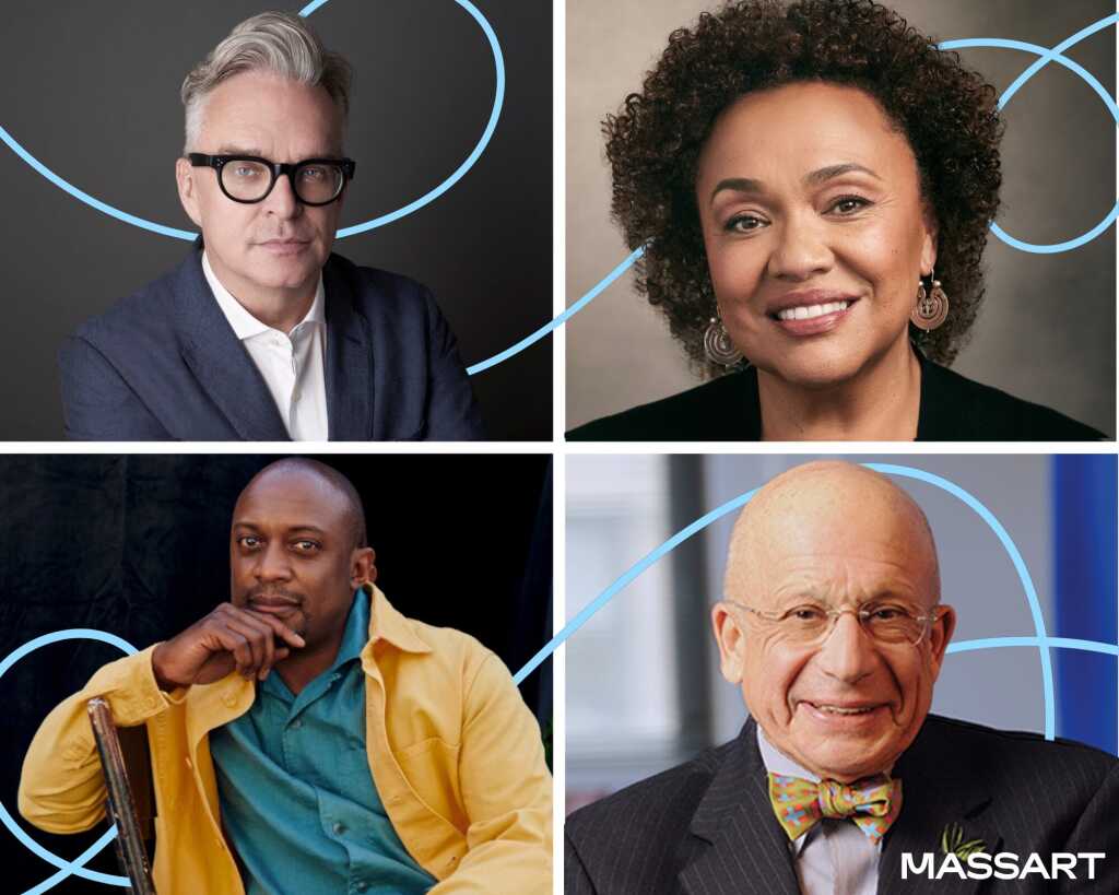 Four professionally photographed individuals appear in a collage with a blue abstract line design, capturing the essence of a commencement ceremony. Three men and one woman, all dressed formally, smile warmly at the camera. The word MASSART is elegantly placed in the bottom right corner.
