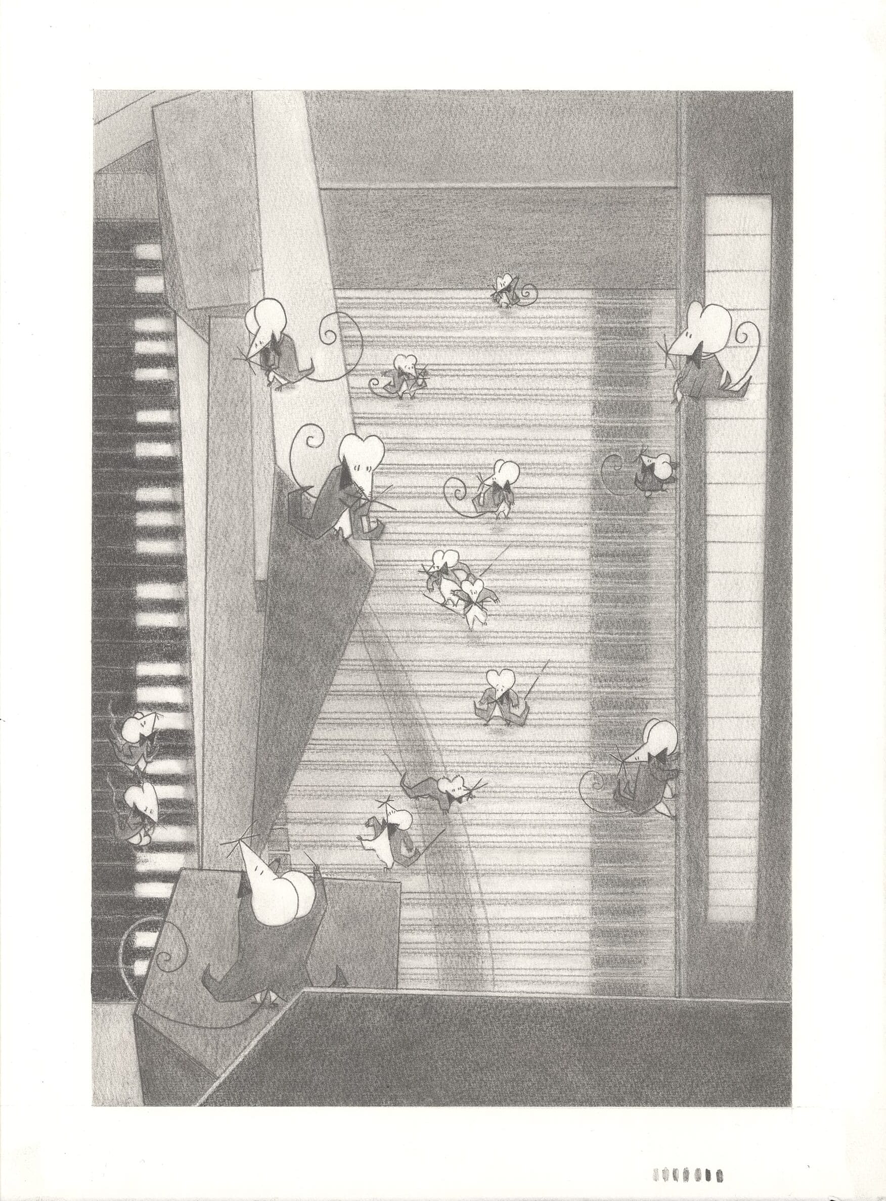 A group of cartoon mice play and climb on a large piano, with some sitting on the keys and others exploring the instrument’s interior—a delightful pencil drawing inspired by Project Beethoven and the creative spirit of MassArt.