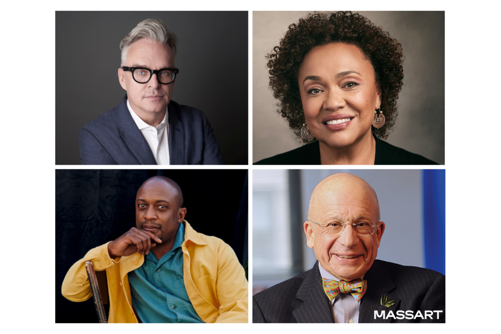A grid of four professional headshots: a gray-haired man in glasses, a smiling woman with curly hair, a man in a yellow jacket, and an older man in glasses and a bowtie. MASSART Commencement is noted in the corner.