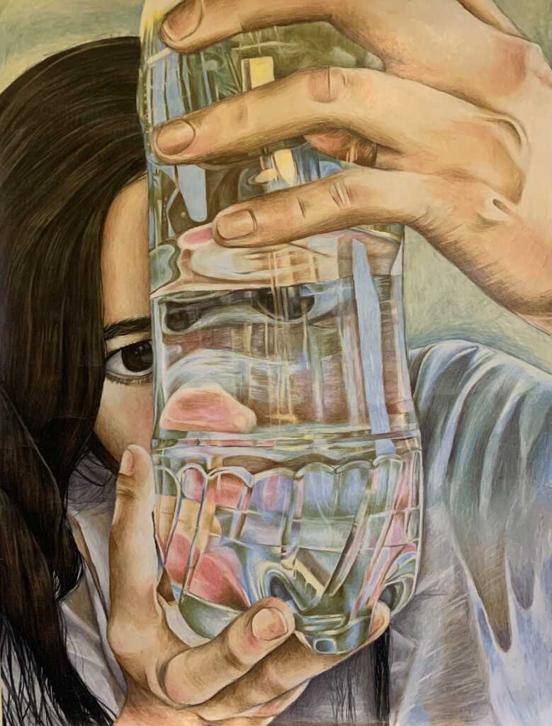 A person with long dark hair is partially visible, holding a clear plastic bottle with water. The bottle reflects distorted colors and shapes, resembling abstract art. The persons eye peers through the bottle, creating an intriguing visual effect.
