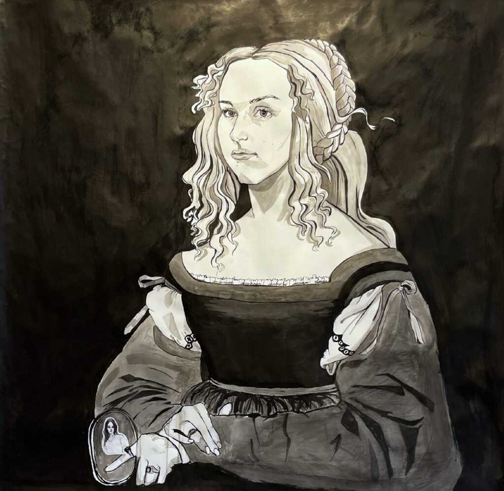 A black-and-white painting of a woman with wavy, light hair wearing a Renaissance-style dress. She sits with folded hands, holding a small circular mirror reflecting a miniature portrait of herself. The background is dark.