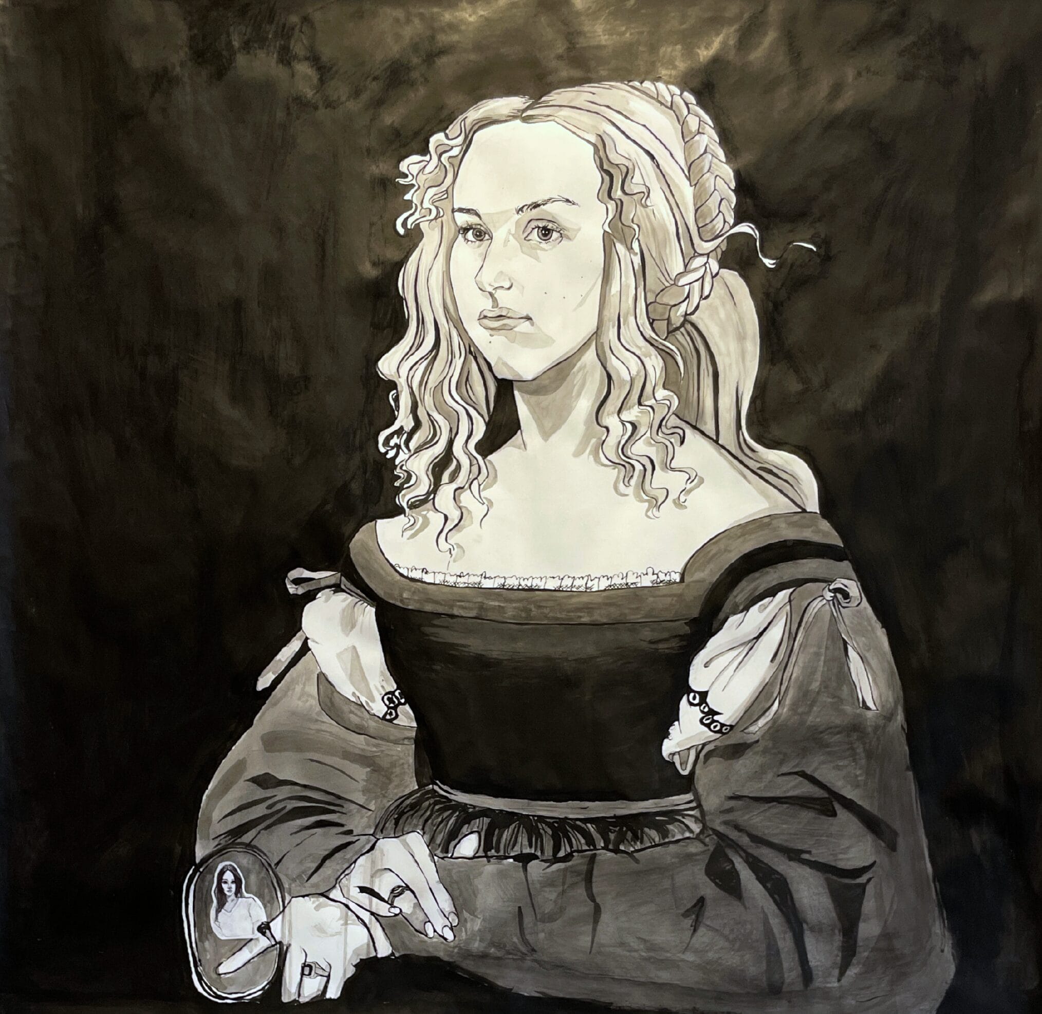 A black-and-white painting of a woman with wavy, light hair wearing a Renaissance-style dress. She sits with folded hands, holding a small circular mirror reflecting a miniature portrait of herself. The background is dark.
