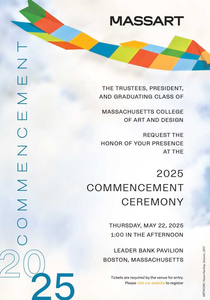 Invitation for the 2025 MassArt Commencement Ceremony, with bold text and colorful geometric shapes at the top left. Event details, date, time, and location are listed on a clean white background.