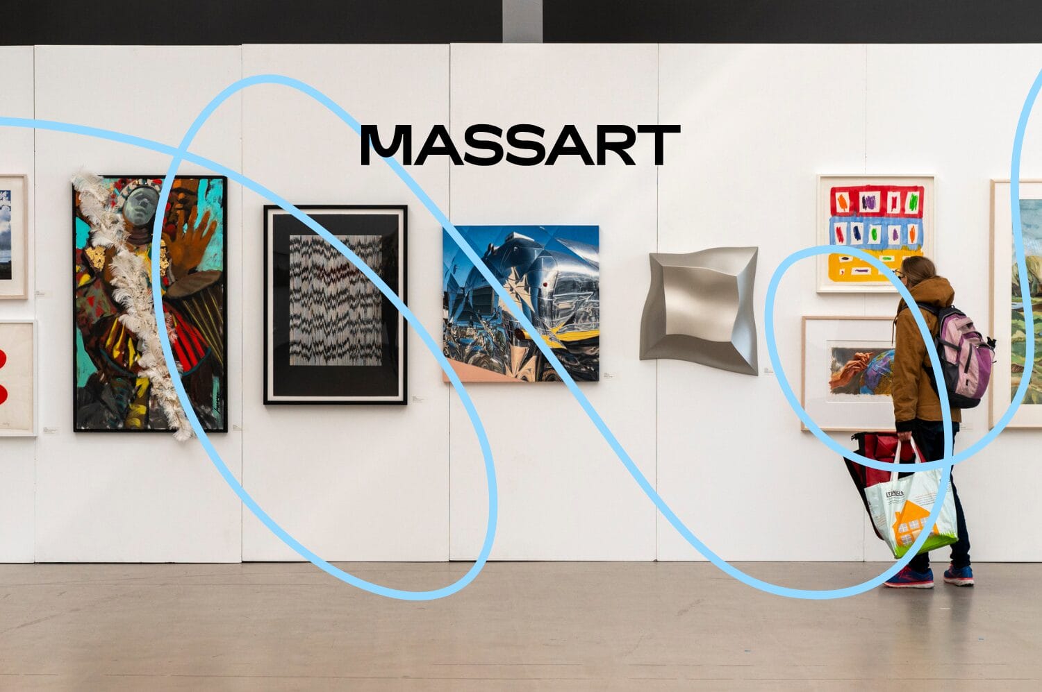 A person with a pink backpack and brown coat stands in front of an art exhibit wall labeled MASSART, featuring various colorful artworks and a silver 3D piece. Blue wavy lines overlay the image.