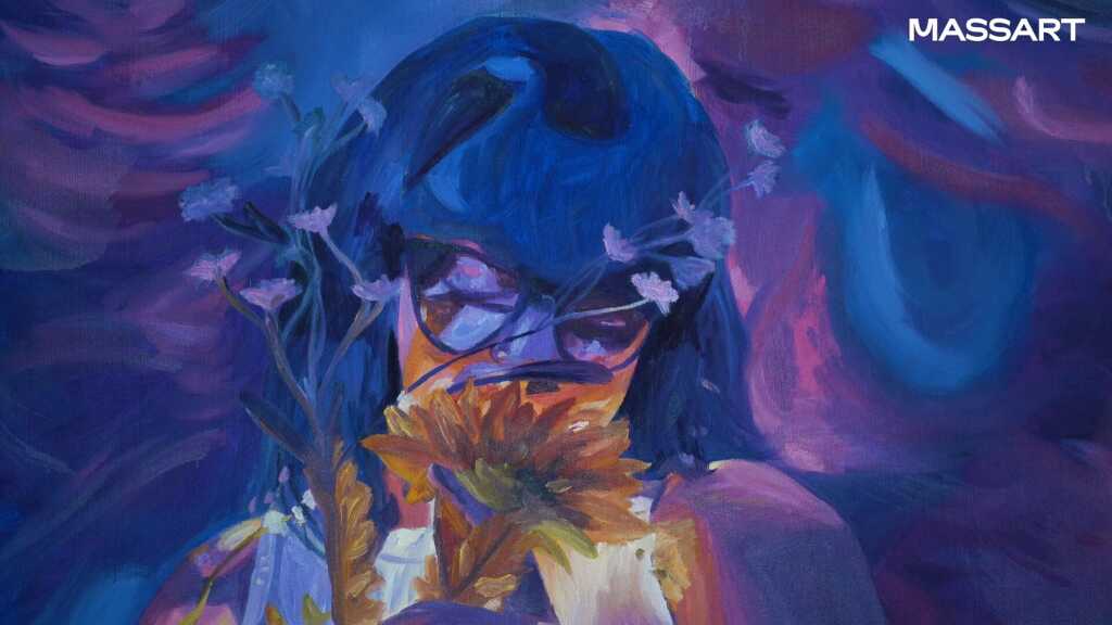 A stylized painting of a person with blue hair and glasses holding a sunflower. There are flowers around them, with a vibrant background in shades of blue and purple. The word MASSART is in the top right corner.