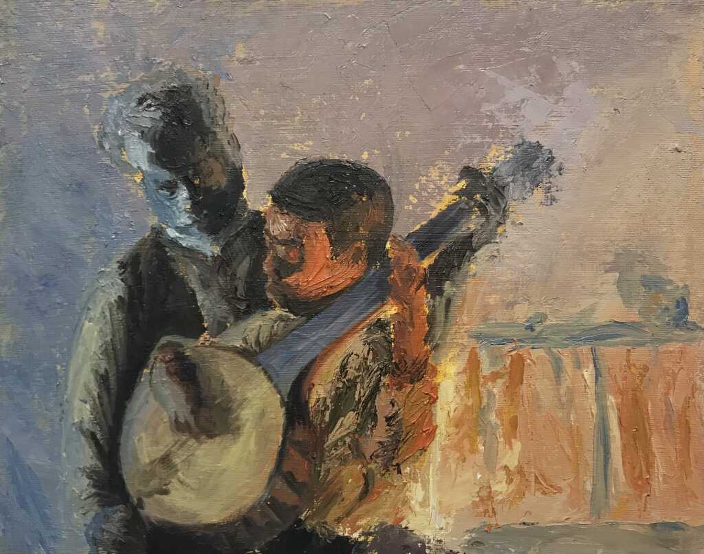 A textured painting depicts two musicians in muted colors. The figure on the left plays a banjo, while the other holds it. The background is an abstract blend of blues, oranges, and browns, adding depth to the expressive scene.