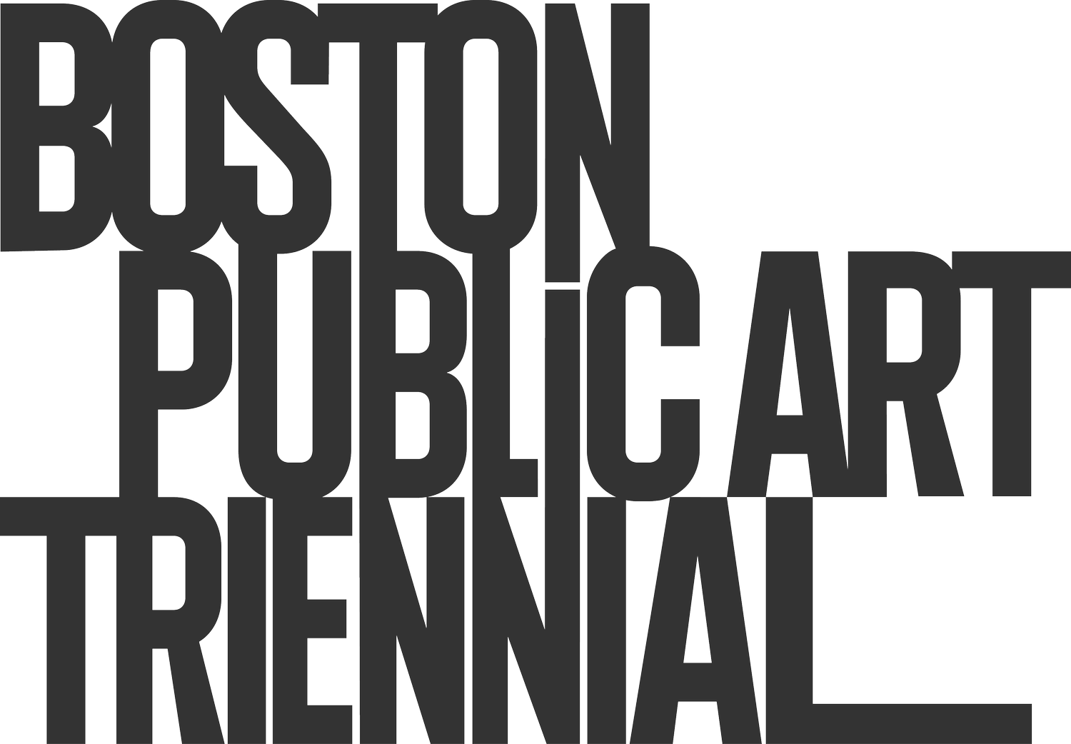 Bold, black text reads “Boston Public Art Triennial” with the words stacked closely together in a modern, sans-serif font on a white background, reflecting the innovative spirit of MassArt’s commitment to Boston Public Art.