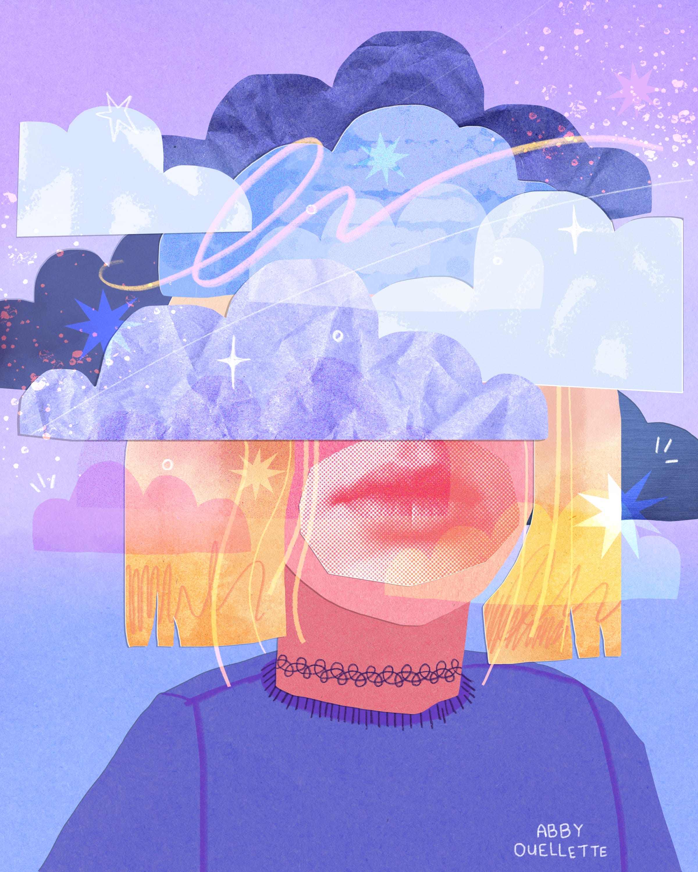 Digital illustration by freelance illustrator Abby Ouellette: a blond-haired figure with pink lips, their face hidden behind pastel clouds. Stars, the sun, and abstract shapes swirl above, exploring visual boundaries in dreamy blues and purples.