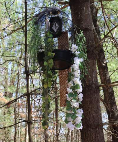 A decorative birdcage planter with cascading artificial greenery and white flowers hangs from a tree in sunlit Walden Woods, evoking the serenity of nature and creativity found in a thoughtfully curated art exhibit.