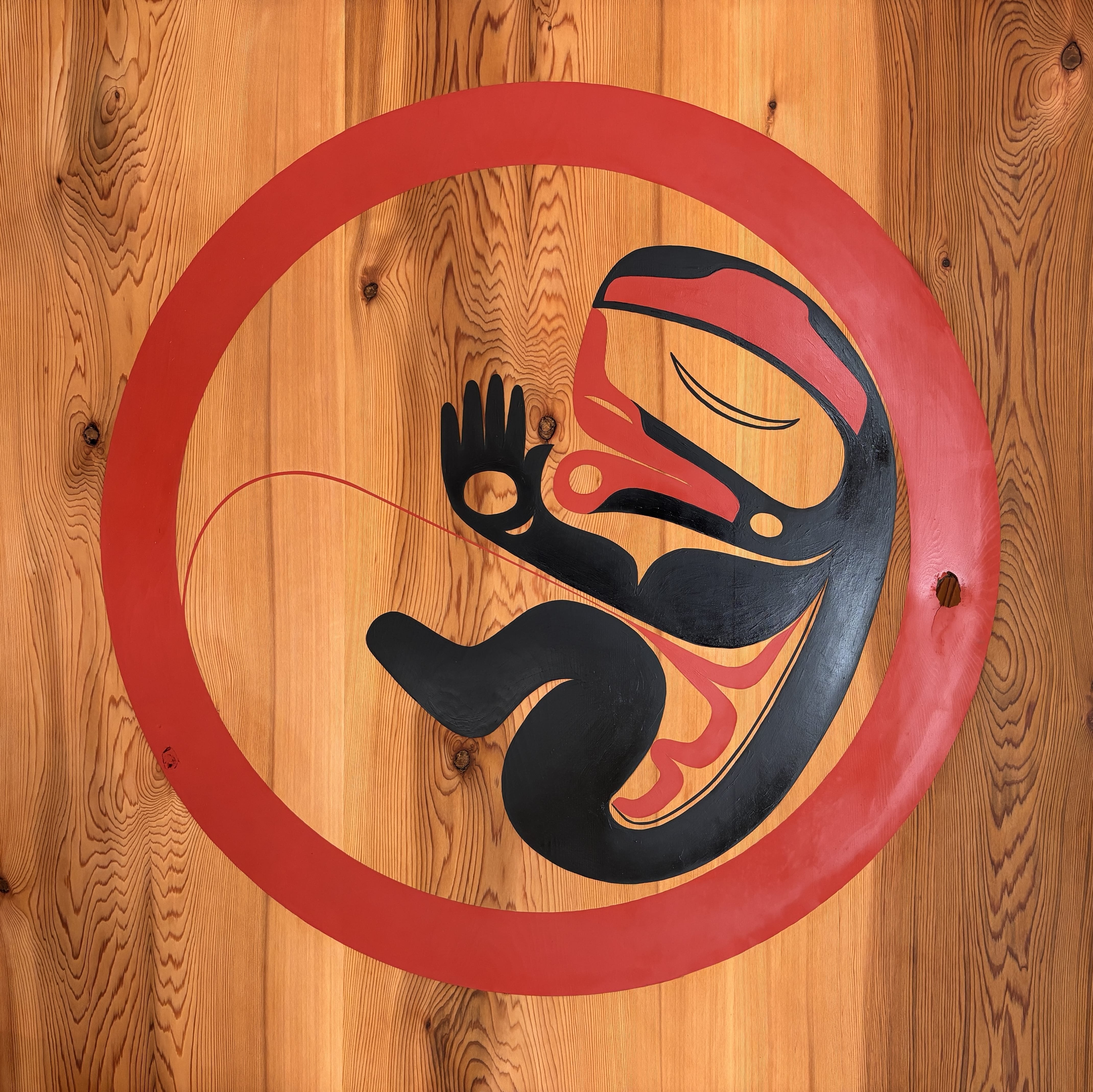 A stylized indigenous art depiction of a fetus in black and red, surrounded by a red circle, is painted on a wooden background. Bold, flowing lines evoke Pacific Northwest Coast art with influences from Contemporary Public Art.