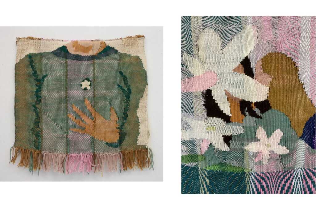 Two woven textile artworks: the left shows a torso with a hand on the chest, fringed at the bottom; the right, titled Many-Flowered Heart, features an abstract close-up with flowers and varied colors.