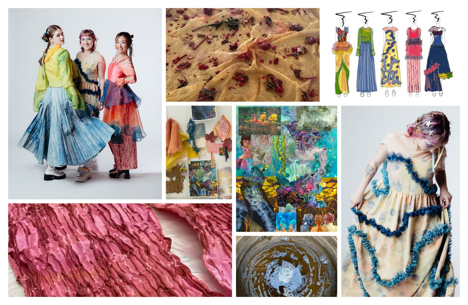A collage featuring colorful layered dresses worn by models on the runway, textile art close-ups, painted dress sketches, inspiration boards, vibrant artwork, and a woman holding a ruffled dress at a fashion event.