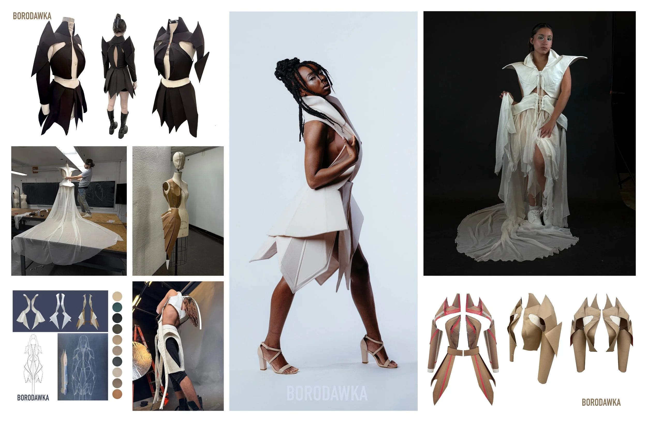 A collage of futuristic, geometric fashion designs in neutral tones, featuring structured dresses, sketches, mannequins, and models posing in avant-garde outfits with sharp angles—capturing the essence of a cutting-edge fashion show.