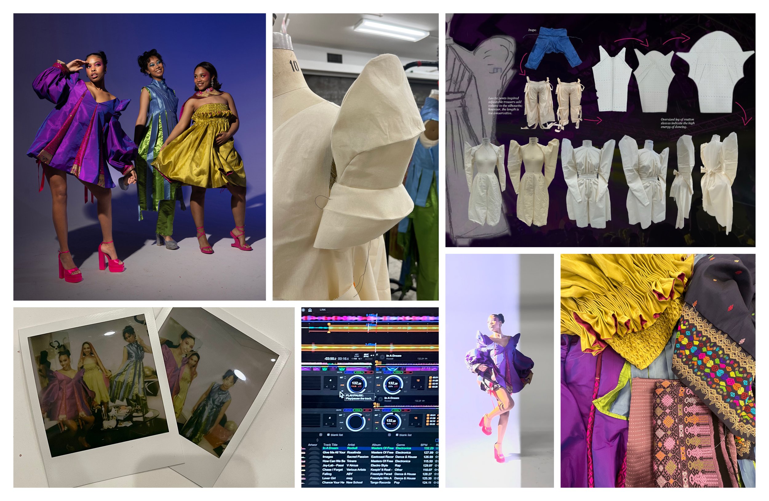 A collage features models in colorful, voluminous dresses, garment design patterns, close-ups of fabric textures, polaroid snapshots from a fashion show, a DJ mixing board, and a model jumping in a vibrant outfit on a studio set.