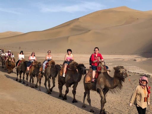 A group of people ride camels in a line across a sandy desert with large dunes under a clear blue sky. A guide walks beside them, leading the camels.