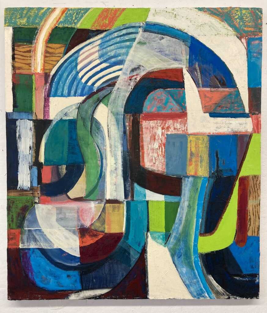Studio Pre-Semester abstract painting featuring overlapping curved and rectangular shapes in vibrant colors—blue, green, red, yellow, and white—creates a dynamic, layered composition with a richly textured surface.