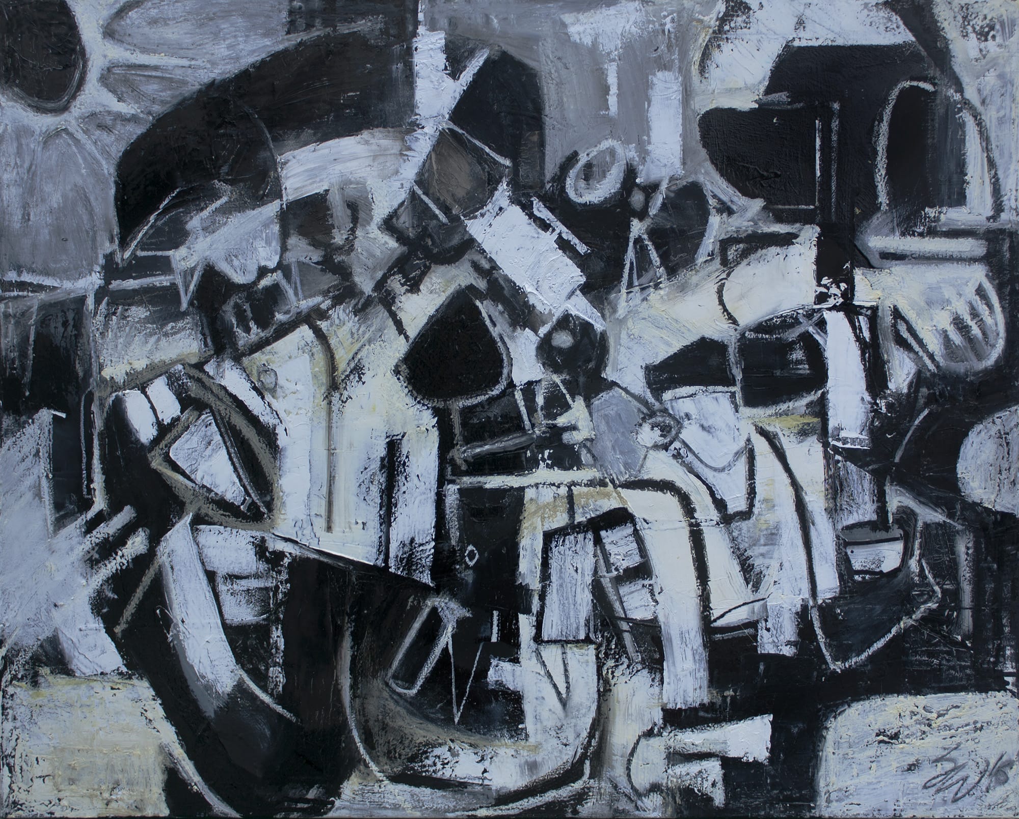 Abstract black-and-white painting by a MassArt alumnus, with overlapping geometric shapes and fragmented human figures, featuring bold brushstrokes, angular lines, and a dynamic composition that suggests musical instruments and movement.