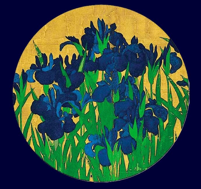 A circular painting of deep blue irises with green stems and leaves against a bright gold background, set on a dark blue backdrop.