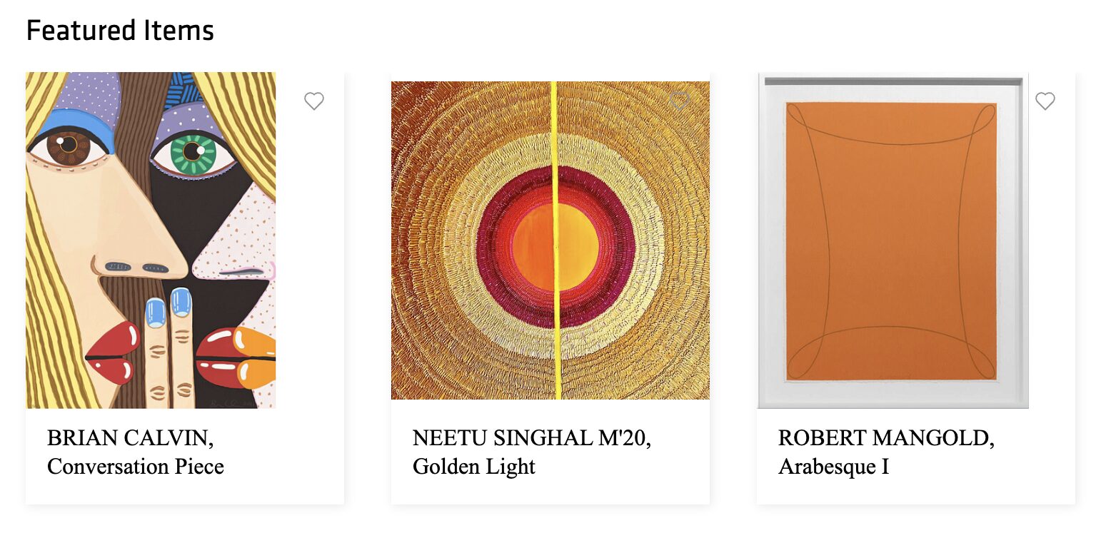 Discover three featured art pieces: a stylized face with bold shapes and colors, a radiant circular abstract, and an orange geometric composition. Collect art or place a bid to bring these striking works into your space.