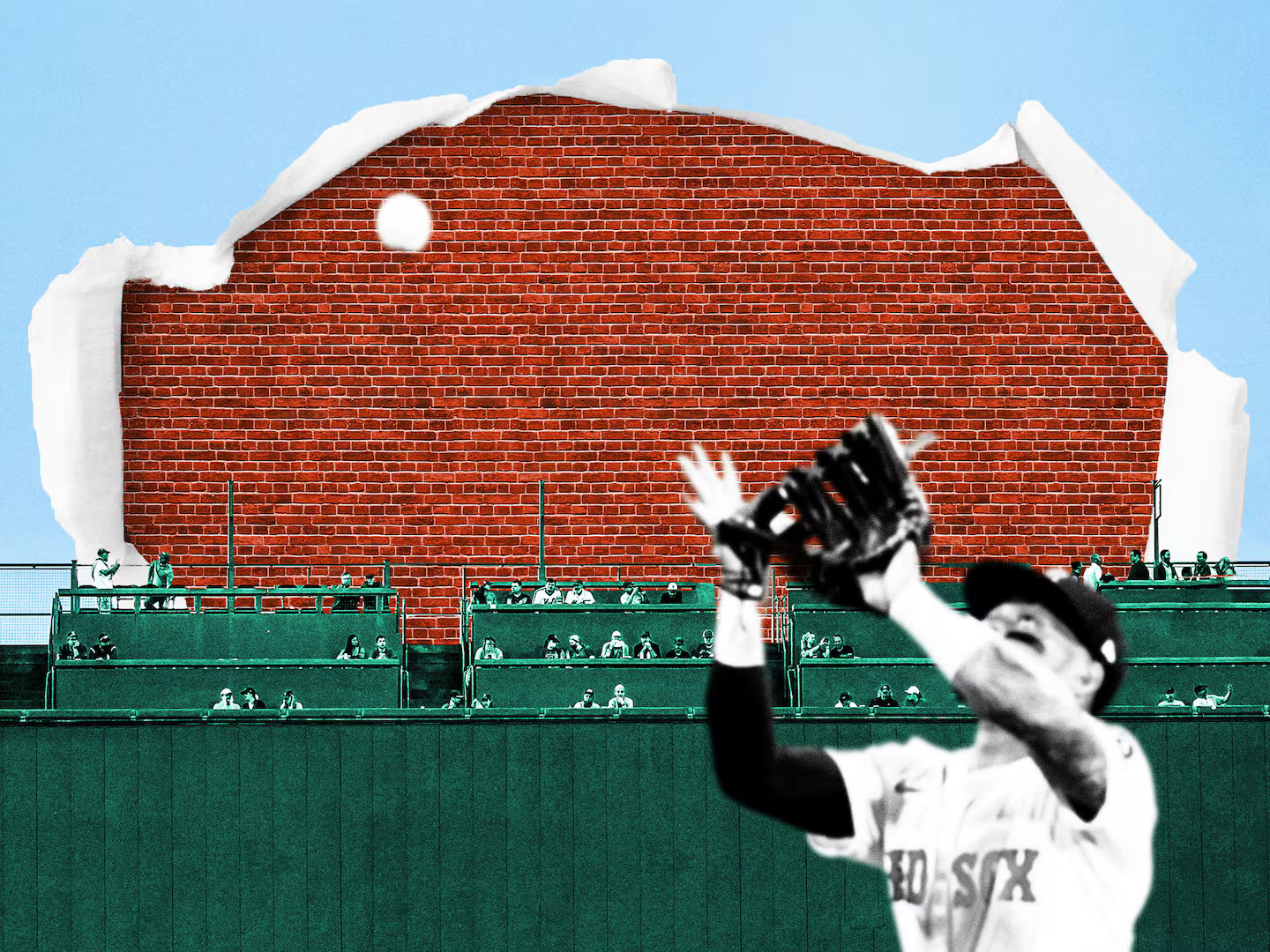 A baseball player in a Red Sox uniform prepares to catch a ball in front of Fenway Park’s iconic green outfield wall, with a large red brick wall and sky in the background.