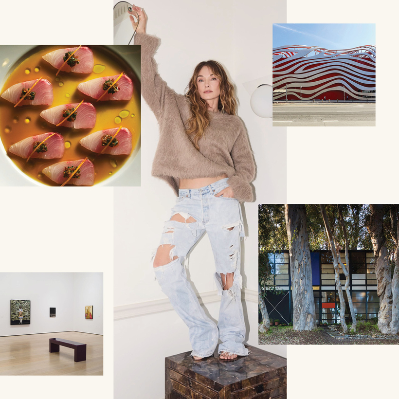 A collage featuring: a woman in a fuzzy sweater and ripped jeans posing indoors, a bowl of sashimi in broth, a modern red-and-white striped building reminiscent of Los Angeles style, a minimal art gallery, and a house among tall trees.
