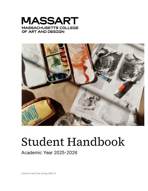 Cover of the ϱ Student Handbook for 2025-2026, featuring watercolor palettes, paintbrushes, and art materials arranged on a table with sketchbook pages—perfectly capturing the creative spirit of this essential student handbook.