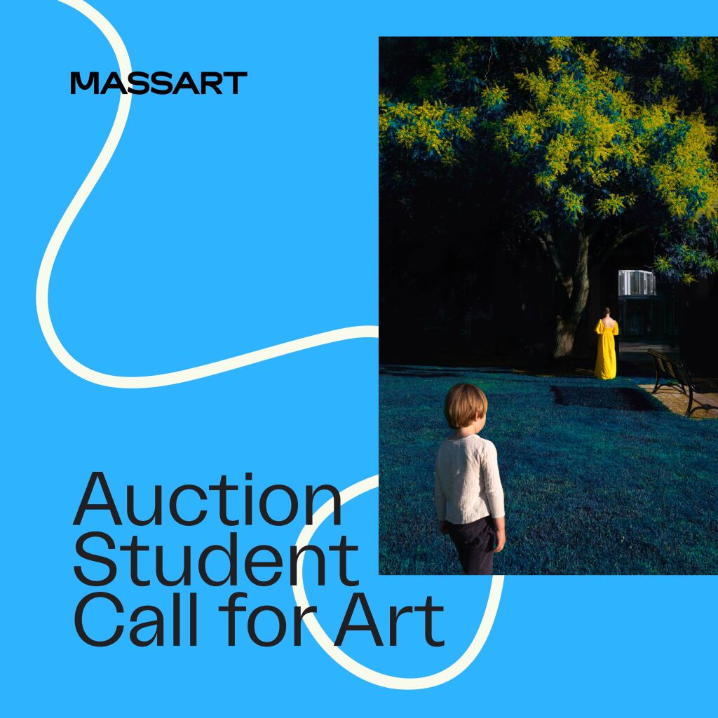A graphic with MASSART Auction Student Call for Art text, featuring a child in grass facing a woman in a yellow dress under a large, sunlit tree. The background is bright blue with white curved lines, inviting artists to find more information.