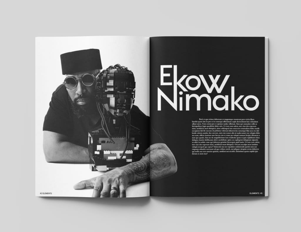 A magazine spread in Elements Magazine features a black-and-white photo of a man in sunglasses and a hat leaning on a table next to a large LEGO sculpture. The opposite page displays the name Ekow Nimako in bold white text on a black background.