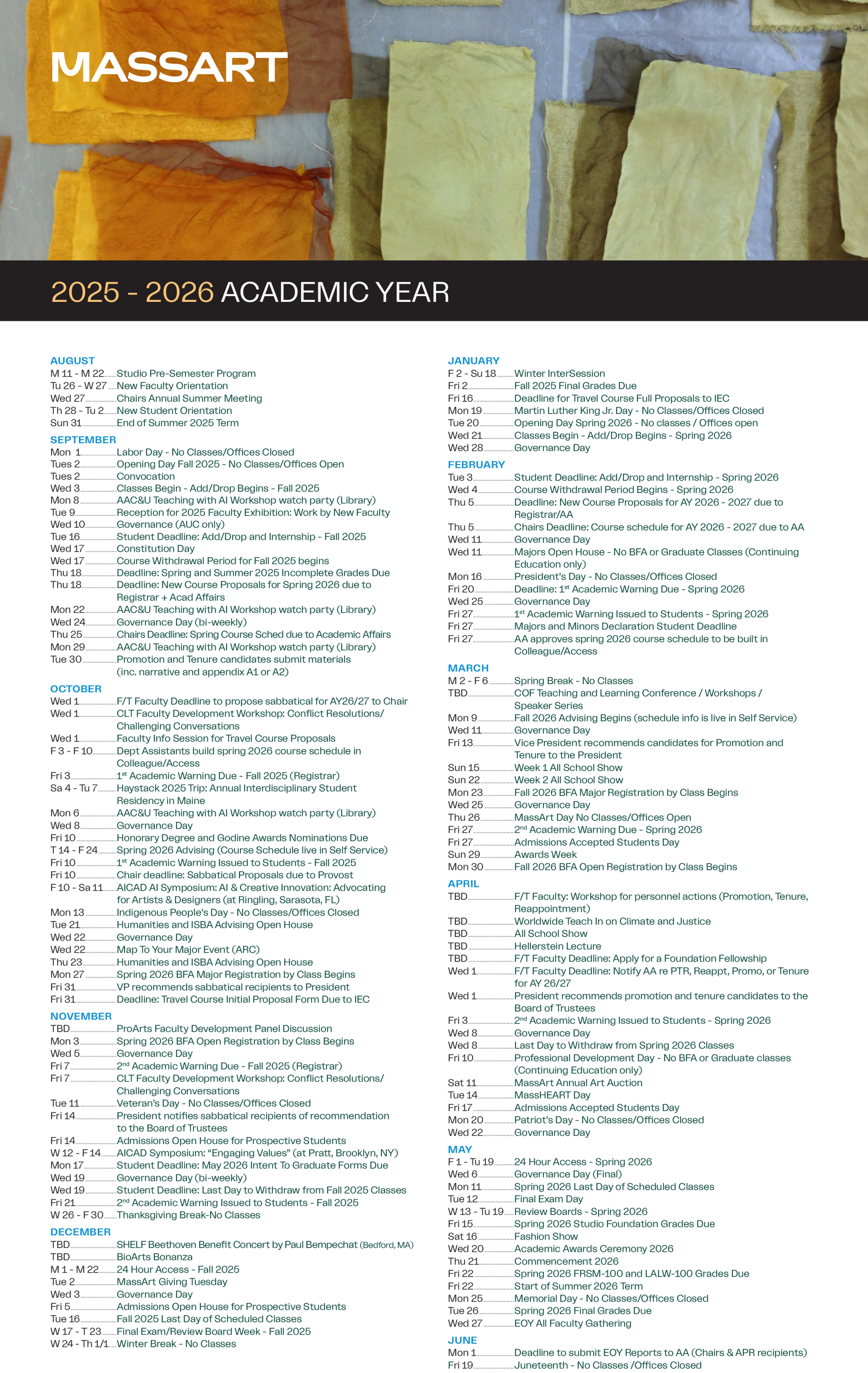 MassArt 2025-2026 academic calendar lists important dates, events, and deadlines from August 2025 to August 2026, displayed with yellow and orange dyed fabric pieces in the background.