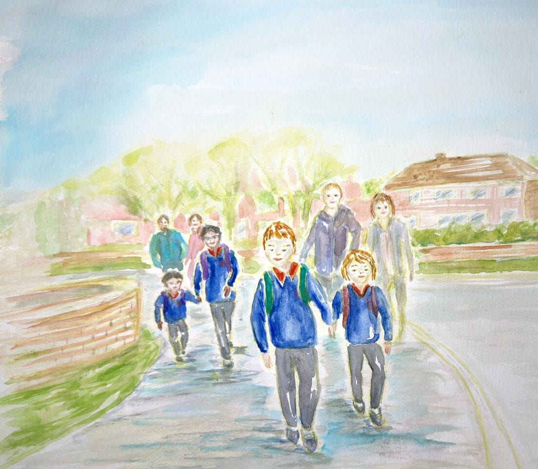 A watercolor painting capturing the storytelling of children in blue uniforms and backpacks walking along a suburban street, with adults and other children in the background on a sunny day. Houses and trees line the street.