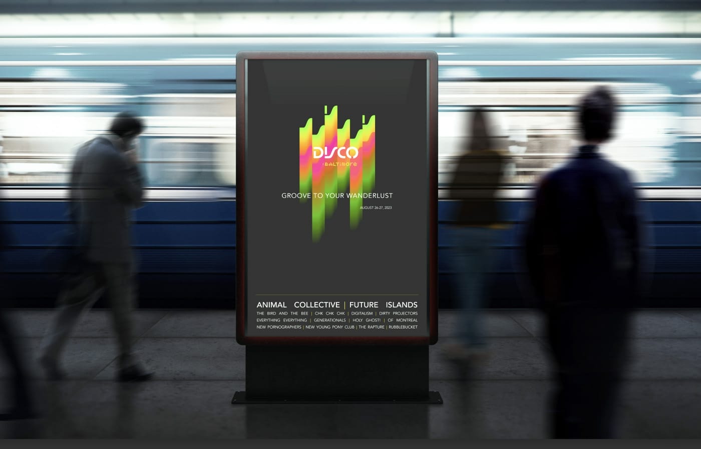 A digital billboard at a subway station displays a colorful ad for certificate programs, featuring neon text and abstract graphics, with blurred commuters and a blue subway train in the background.