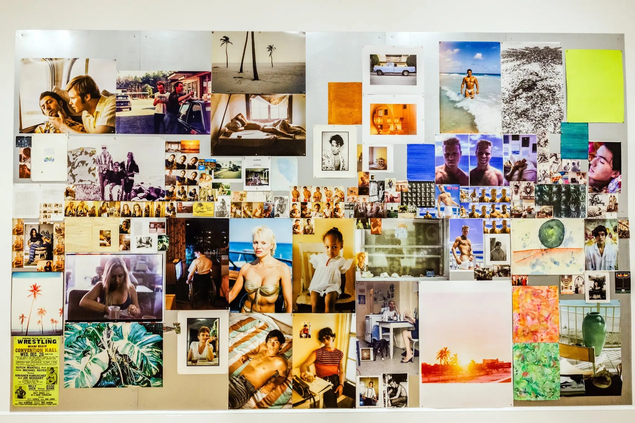 A collage of colorful photographs and magazine cutouts arranged on a wall, inspired by artist Jack Pierson, featuring people, Miami landscapes, tropical scenes, portraits, and vintage-style images for a lively and eclectic visual display.