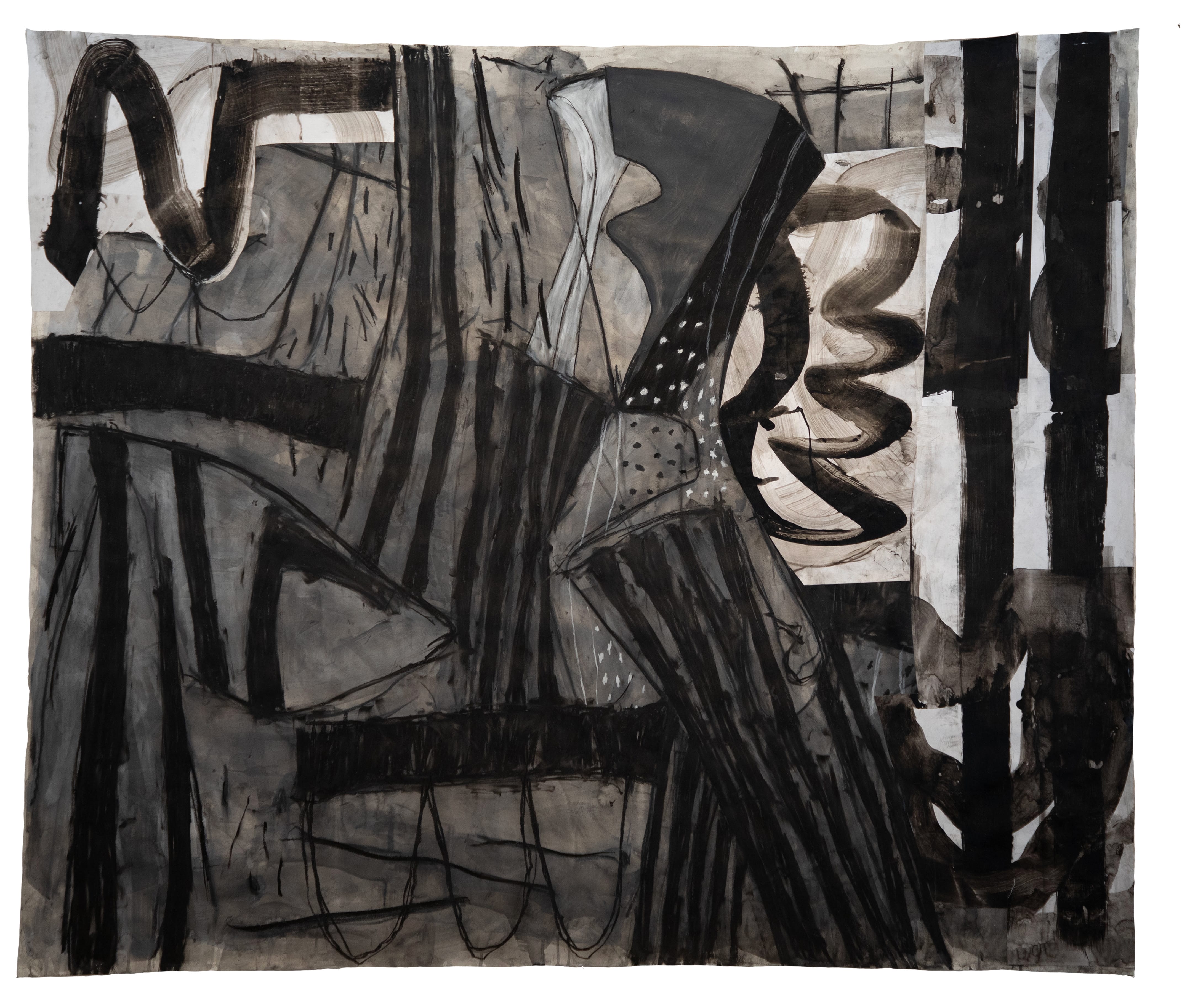 Abstract black-and-white painting featuring bold, sweeping brushstrokes and overlapping shapes. Reminiscent of a MassArt studio piece, thick black lines and wavy forms create dynamic movement and depth on a textured, neutral background.