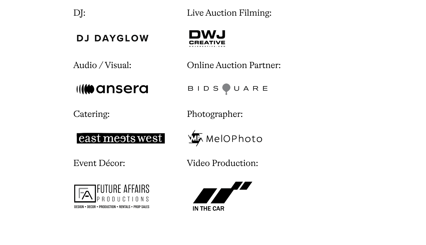 A list of event sponsors with their logos, including DJ Dayglow, DWJ Creative, Ansera Audio/Visual, Bidsquare, East Meets West Catering, MeloPhoto, Future Affairs Productions, and In The Car Video Production.