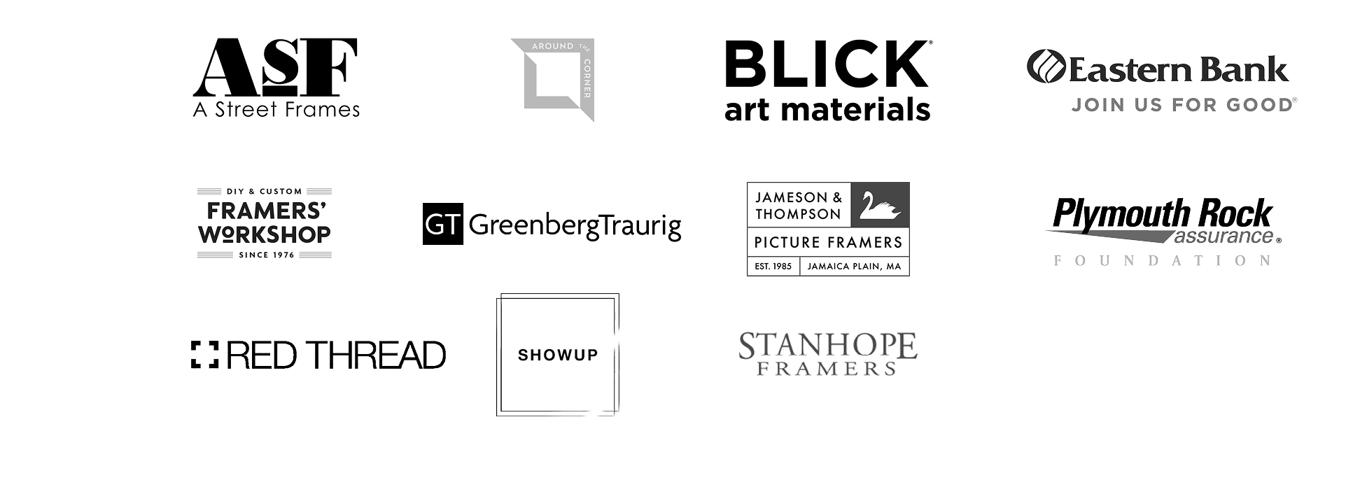 A grid of twelve black-and-white logos from different companies, including A Street Frames, Blick Art Materials, Eastern Bank, Stanhope Framers, Red Thread, and others, displayed on a white background.
