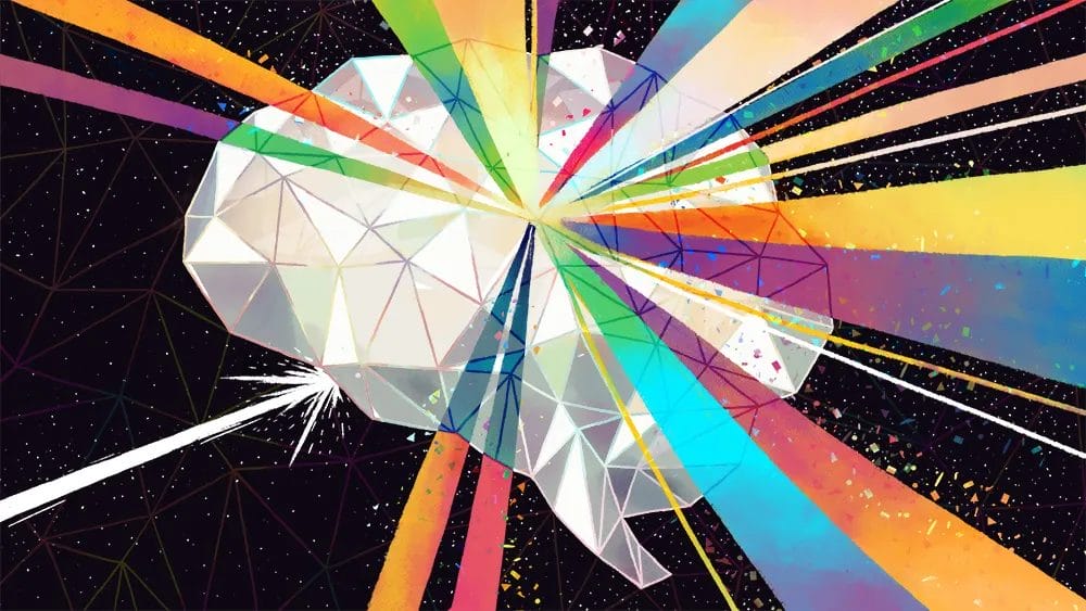 An abstract illustration of a geometric, crystal-like brain by MassArt Alum Kristen Uroda, with colorful beams of light radiating outward against a dark, starry background—featured in PRINT Magazine.