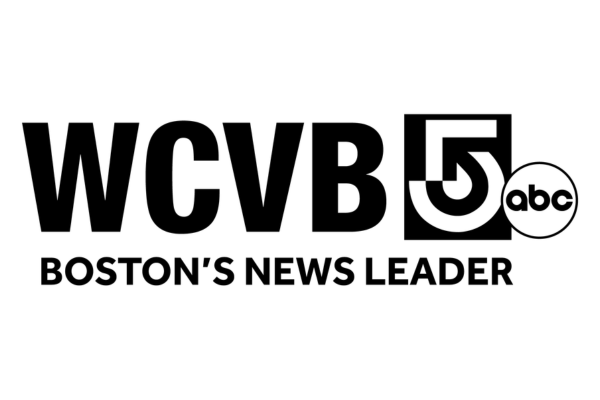 Black and white logo with large text WCVB 5 abc and smaller text below reading Boston’s News Leader. The 5 is stylized within a box, the abc in a circle—designed by MassArt alum Gary Parzych.