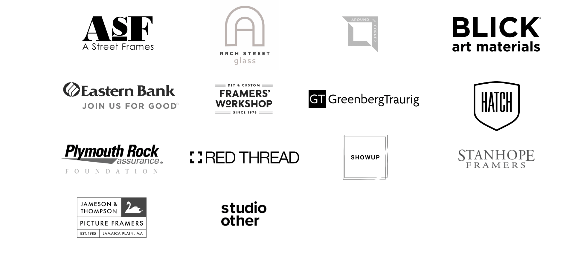 A grid of 14 different black and white logos for various companies and organizations, including ASF, Blick Art Materials, Plymouth Rock Assurance, and others. Each logo has distinct typography and design elements.