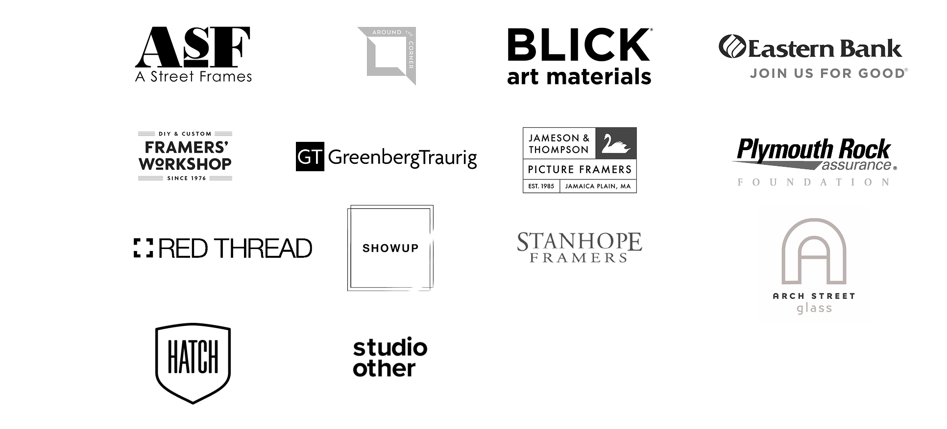 A collection of 15 black and white logos from various art, framing, banking, and material companies—Auction Partners and Sponsors for the 2026 Auction—arranged in a grid on a white background.