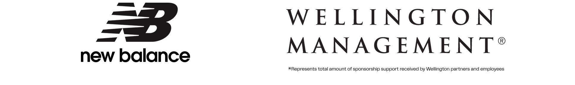 Black New Balance logo with text on the left and black Wellington Management wordmark on the right, highlighting Auction Sponsors for the 2026 Auction, with a small sponsorship disclaimer below. The background is white.
