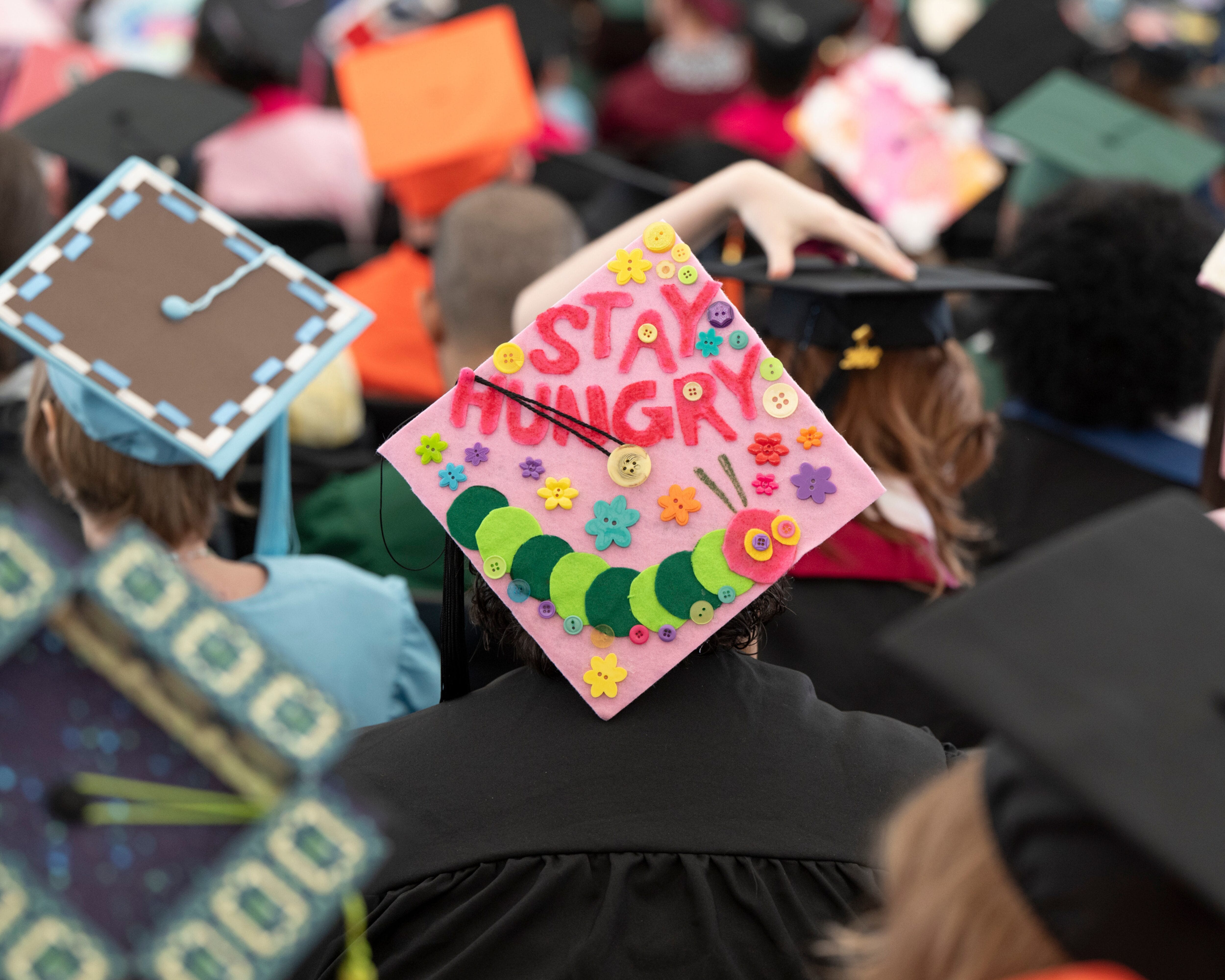 Graduation cap at MassArt Commencement decorated with "Stay Hungry" and a green caterpillar among other grads’ caps.